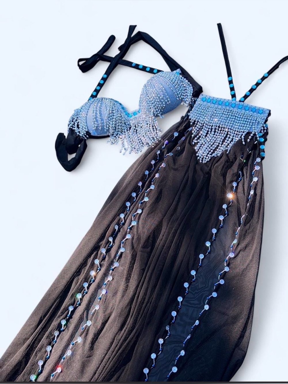Embellished Rhinestone Fringe Belly dance Set in Black & Turquoise/ Silver - Picture 3 of 7